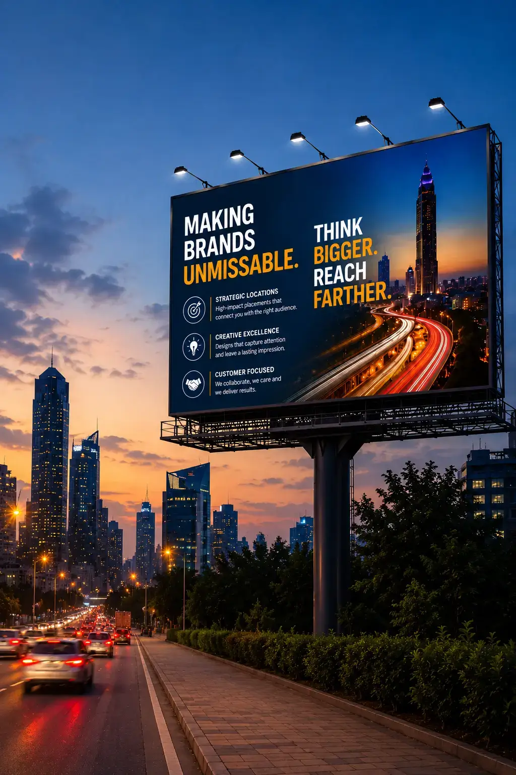 Premium Media91 billboard on a Kerala highway at golden hour
